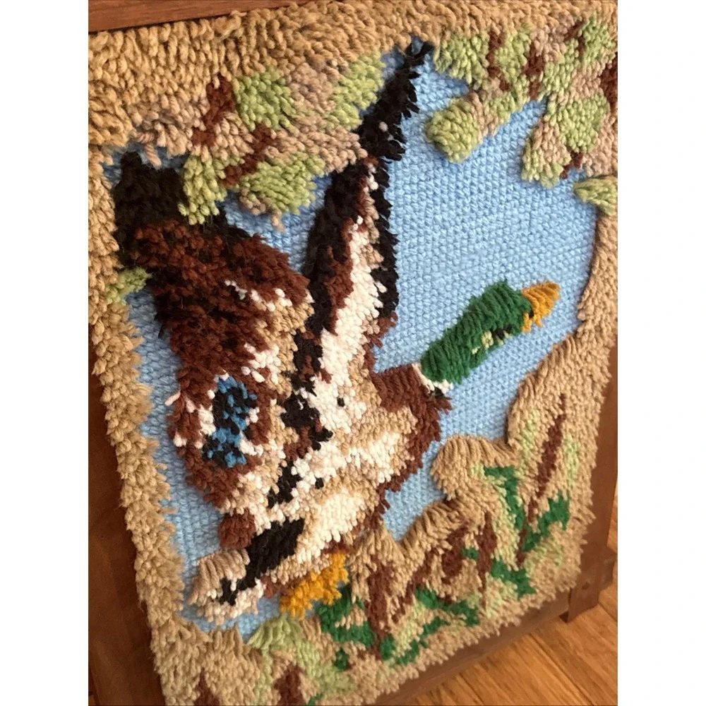 Vintage Latch & Hook Rug Wall Art Mallard Duck  70's Boho 29.5